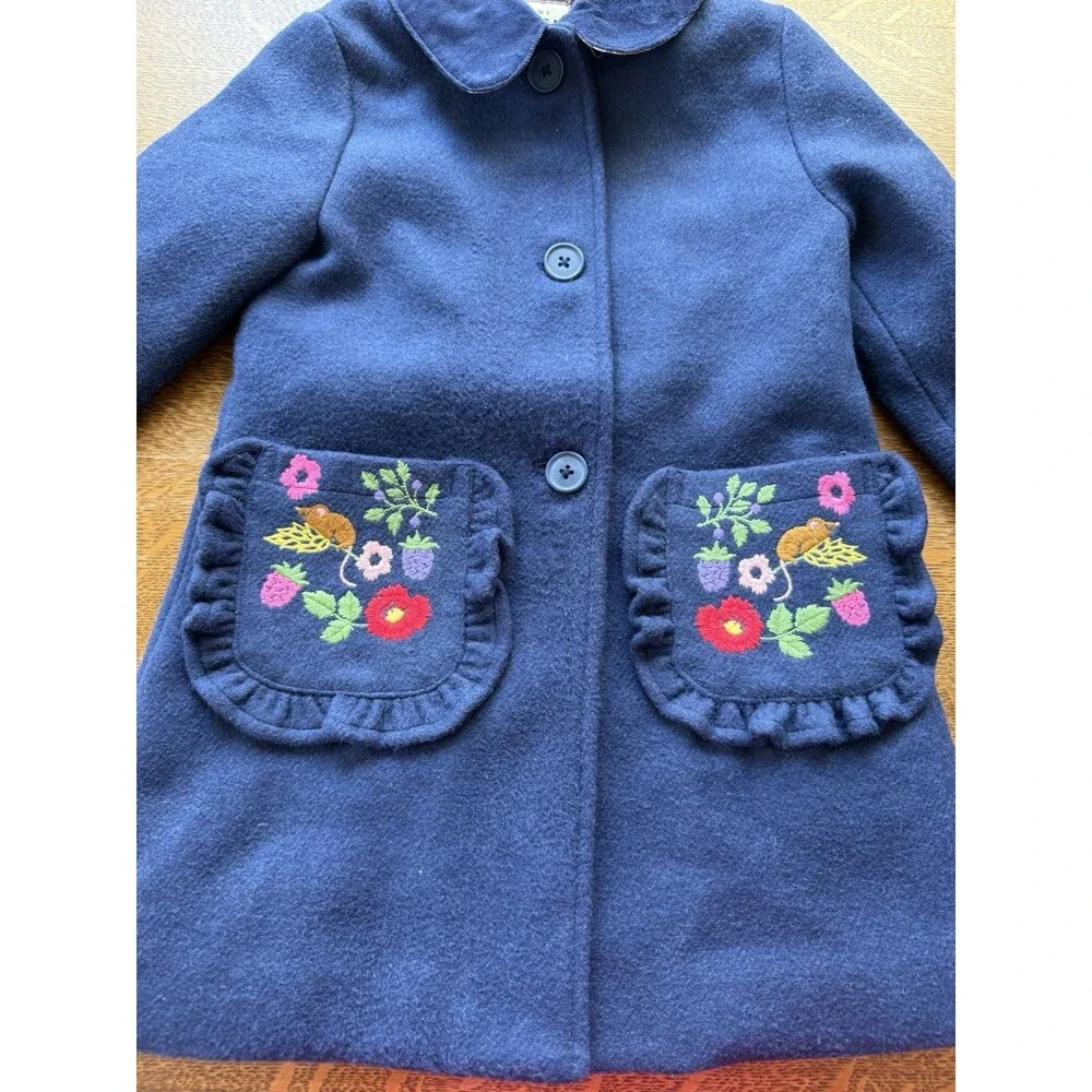 Mini Boden 3 Button Embroidered Trim Wool Blend Coat Sz 4-5 Youth Cottage Whimsy
